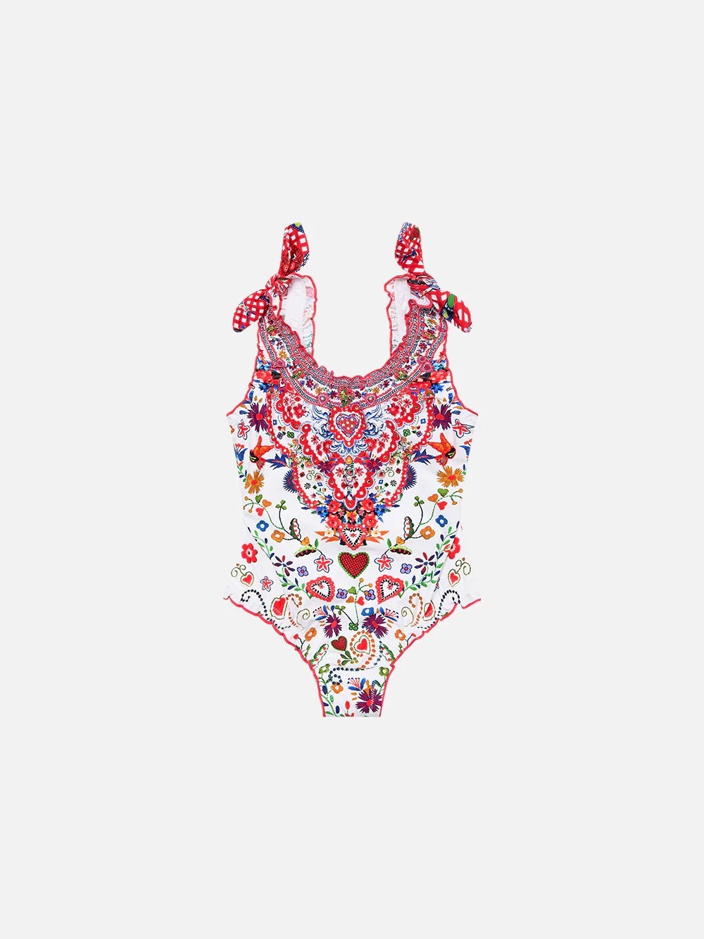 Camilla Girls' White One-Piece Swimsuit with Red Floral Embroidery